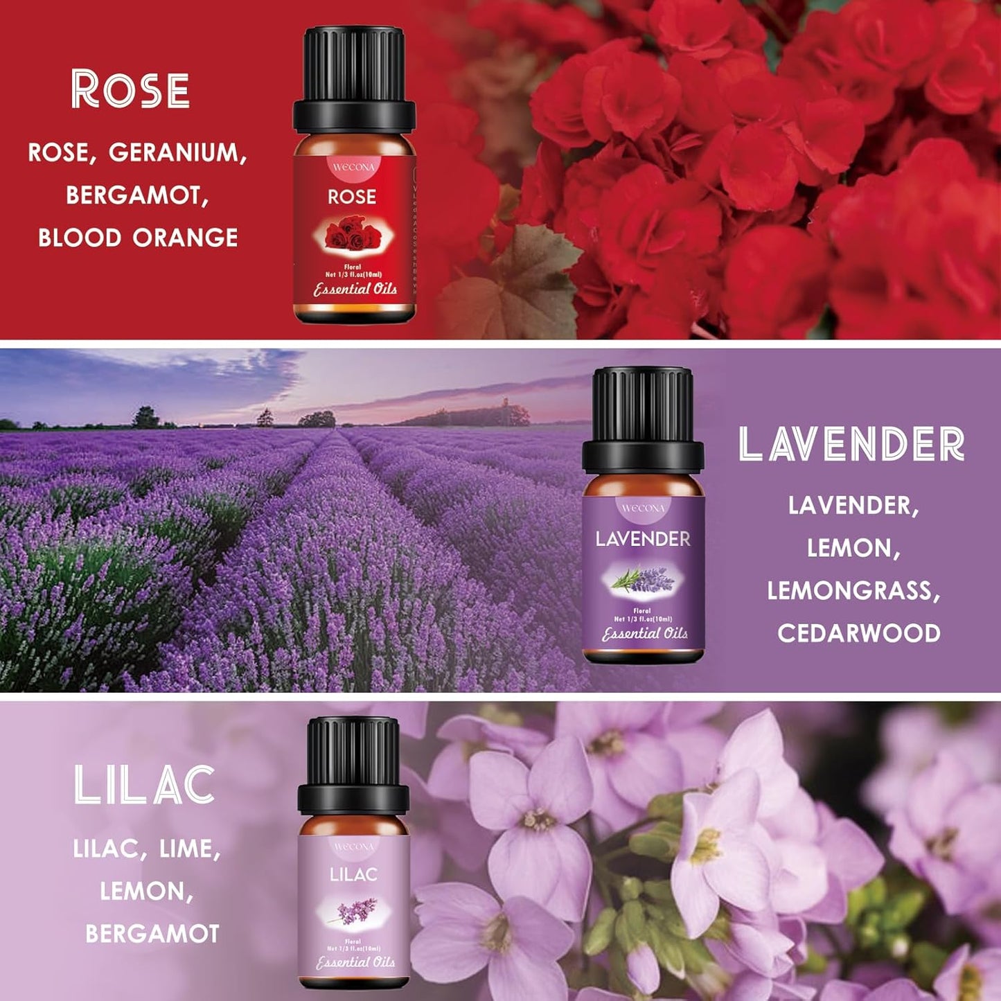 Floral Essential Oils Set for Diffusers & Candle Making - 6x10ml Natural Botanical Blends with Rose, Lavender, Lilac, Jasmine, Gardenia, Cherry Blossom Scents