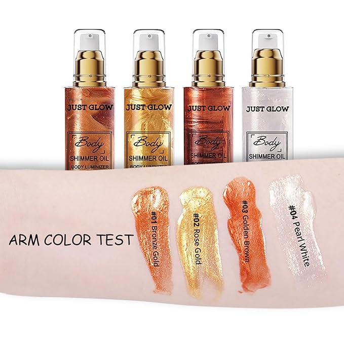 Shimmer Body Oil, Face and Body Liquid Luminizer Waterproof Moisturizing, Light Shimmer Glow Illuminator, Smooth Body Highlighter Makeup Liquid Body Shimmer (2# Gold)