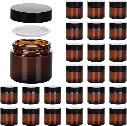 2oz Jars with Lids, Hoa Kinh 24 Pack Amber Glass Jars with Lids Empty Cosmetic Containers Round Airtight Glass Jar with Inner Liners and black Lid for Storing Lotions, Powders, and Ointments
