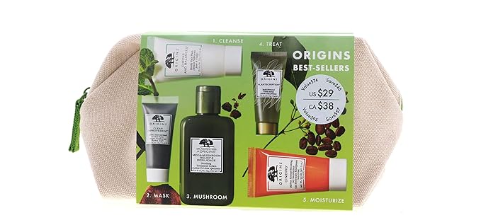 Origins Best Sellers Best Skin 5-Pieces Set: Soothing Treatment Lotion 100ml + Gel Moisturizer 30ml + Face Wash 30ml + Serum 15ml + Charcoal Mask 15ml 5pcs+1bag