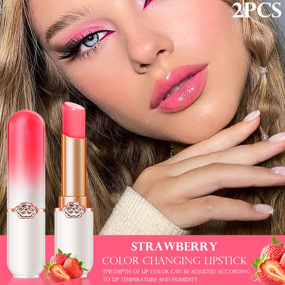 evpct 2Pcs Strawberry Tinted Lip Balms PH Lip Color Changing Lipstick Balm Stain Gift Set Queen for Women Girls Korean Mood Long Lasting Color Change Light Pink Lipstick Lip Tint Plumper Gloss