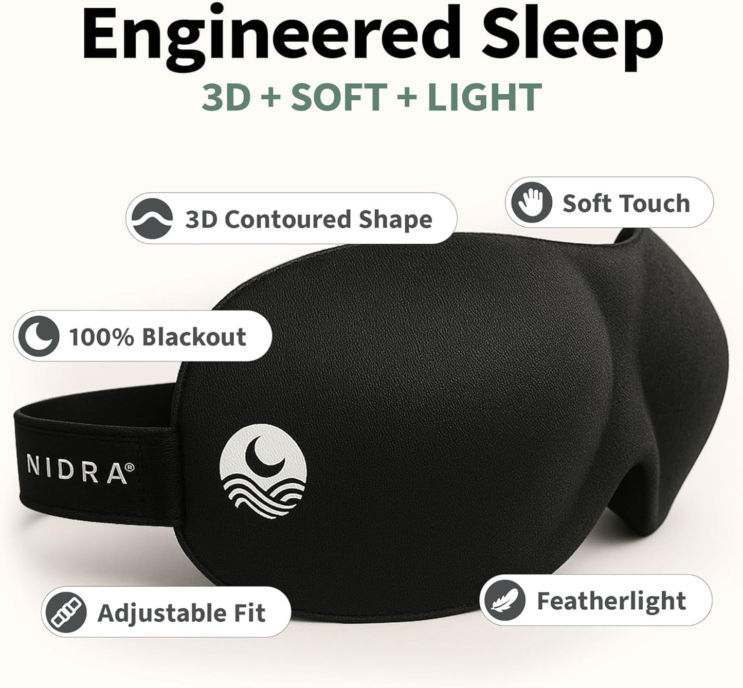 Nidra Contoured Sleep Mask for Side Sleepers – Zero Pressure Fit, Light Blocking Eye Shade for Sleeping & Travel – Blue, Standard Size