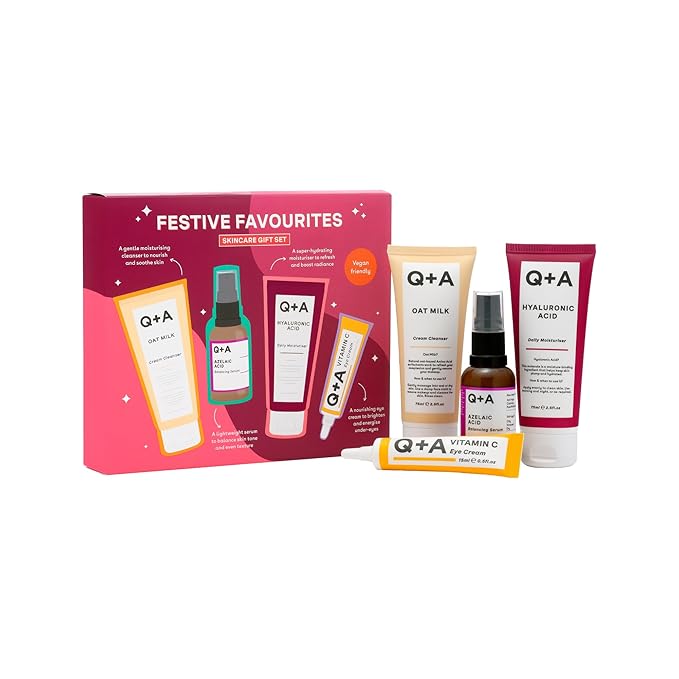 Q+A Festive Favourites Gift Set, containing a Hyaluronic Acid Moisturiser (75ml), an Oat Milk Cream Cleanser (75ml), an Azelaic Acid Serum (30ml), and a Caffeine Eye Serum (15ml)