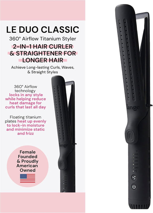 L'ANGE HAIR Le Duo Grande 360° Airflow Styler | 2-in-1 Curling Wand & Titanium Flat Iron Professional Hair Straightener and Curler with Cooling Air Vents to Lock in Style | Adjustable Temp (Black)