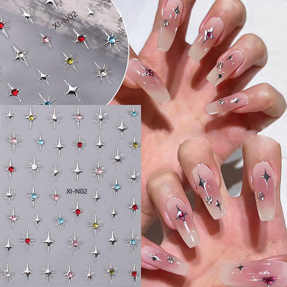6 Sheets 3D Glitter Shiny Crystal Nail Art Sticker Star Charms Silver Black White Stickers Self-Adhesive Design Luxury Nail Decals for French Manicure