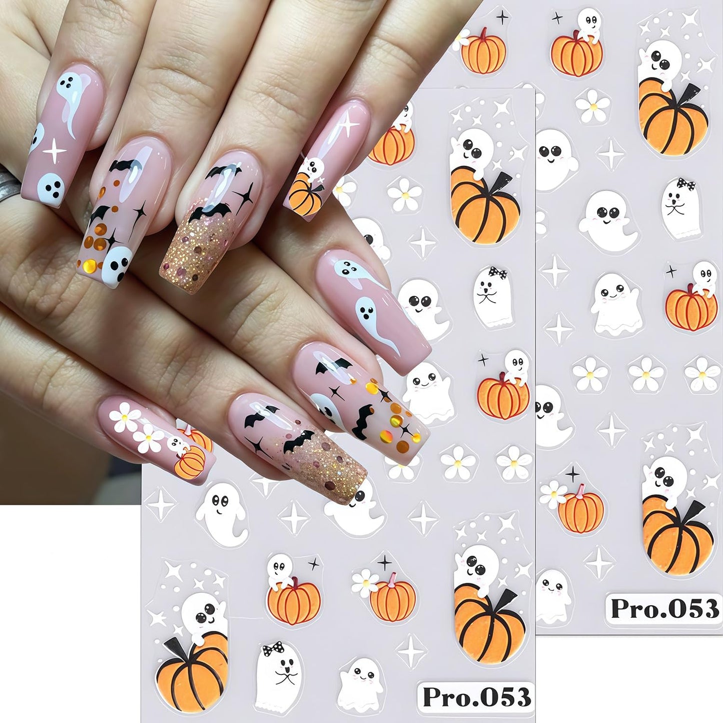 6 Sheets Halloween Nail Art Stickers 3D Self-Adhesive Cute Ghost Spider Spider Web Pumpkin Nail Stickers Black Spiders Pattern Nail Sticker for Day of The Dead Holiday Nails Decor Accessories