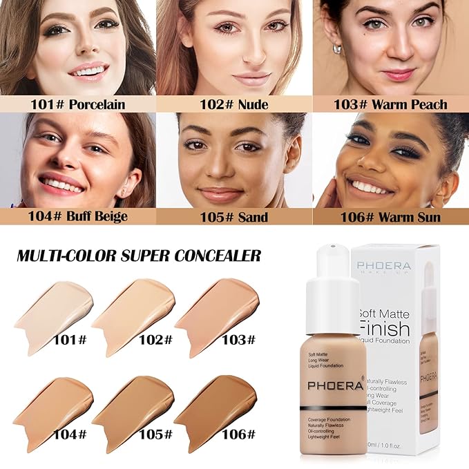 PHOERA Foundation Makeup Naturally Liquid Foundation Full Coverage Mattle Oil-Control Concealer 8 Colors Optional,Great Choice For Gift (#106 Warm Sun,30ml)