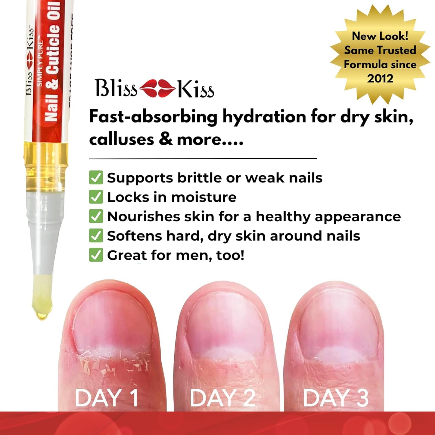 Bliss Kiss | Fragrance Free 4 Nail Oil Cuticle Pens w/Vitamin E & Jojoba⏤Nail Strengthener Nail Growth and Strengthening Serum for Brittle, Peeling, Breaking, Thin nails
