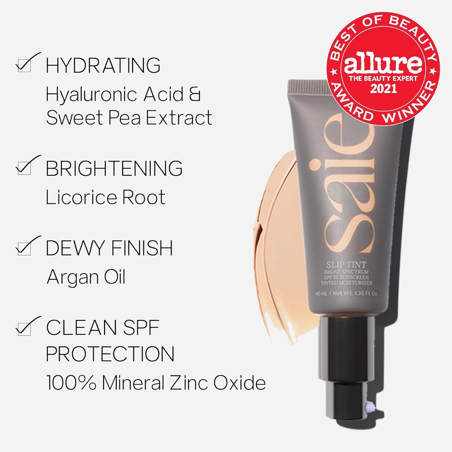 Saie Slip Tint Tinted Moisturizer with SPF 35 - Light Coverage, Glowy Skin Tint & Mineral Sunscreen for Face with Hydrating Hyaluronic Acid - Summer Makeup Essential - Shade Four + Half (1.35 oz)
