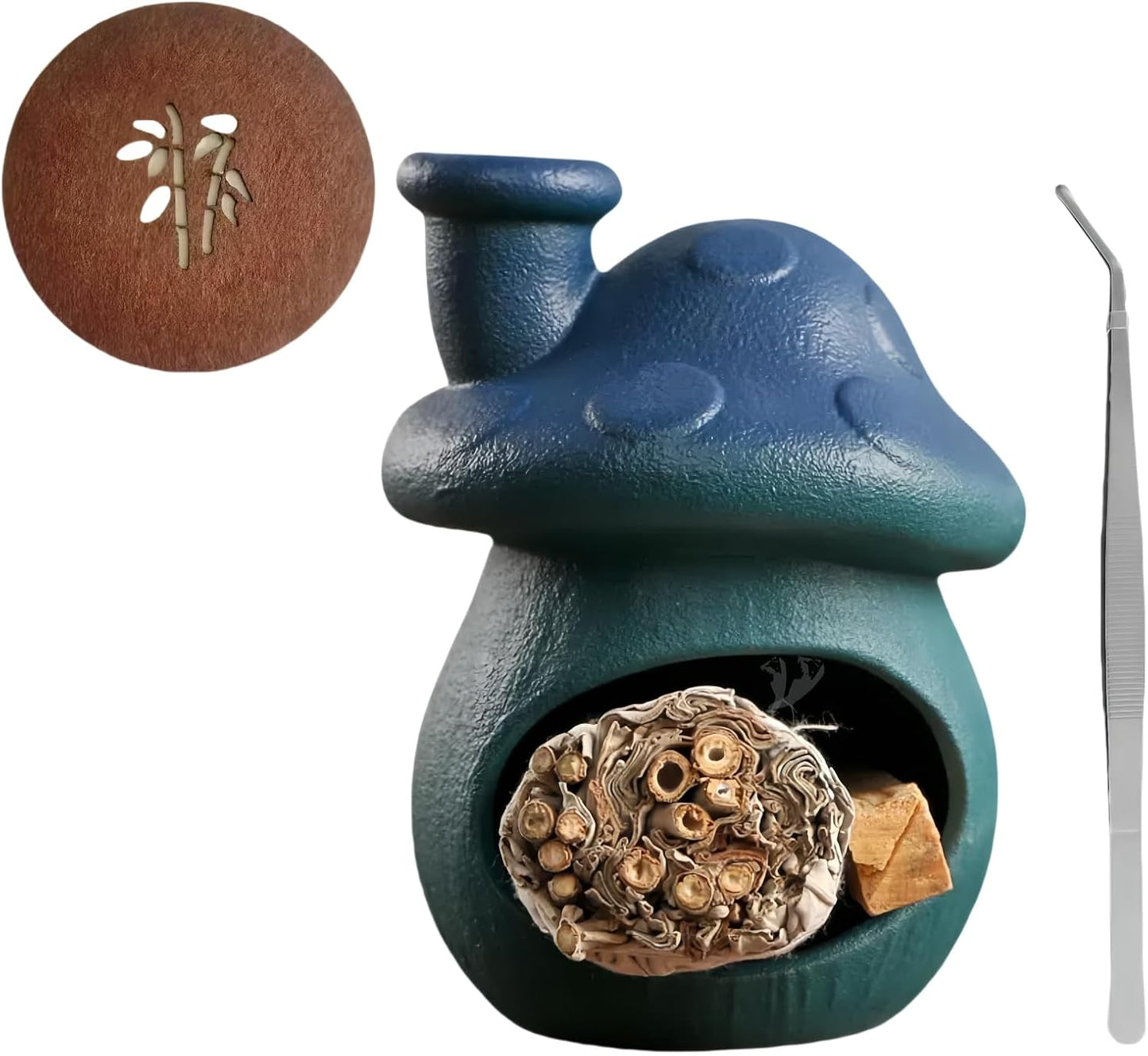 Mushroom Incense Holder, Blue Ceramic Palo Santo Holder Burner & Sage Holder - Mini Tabletop Chiminea Burner Tray with Ash Catcher, Cute Mushroom Decorations for Spiritual Meditation & Yoga