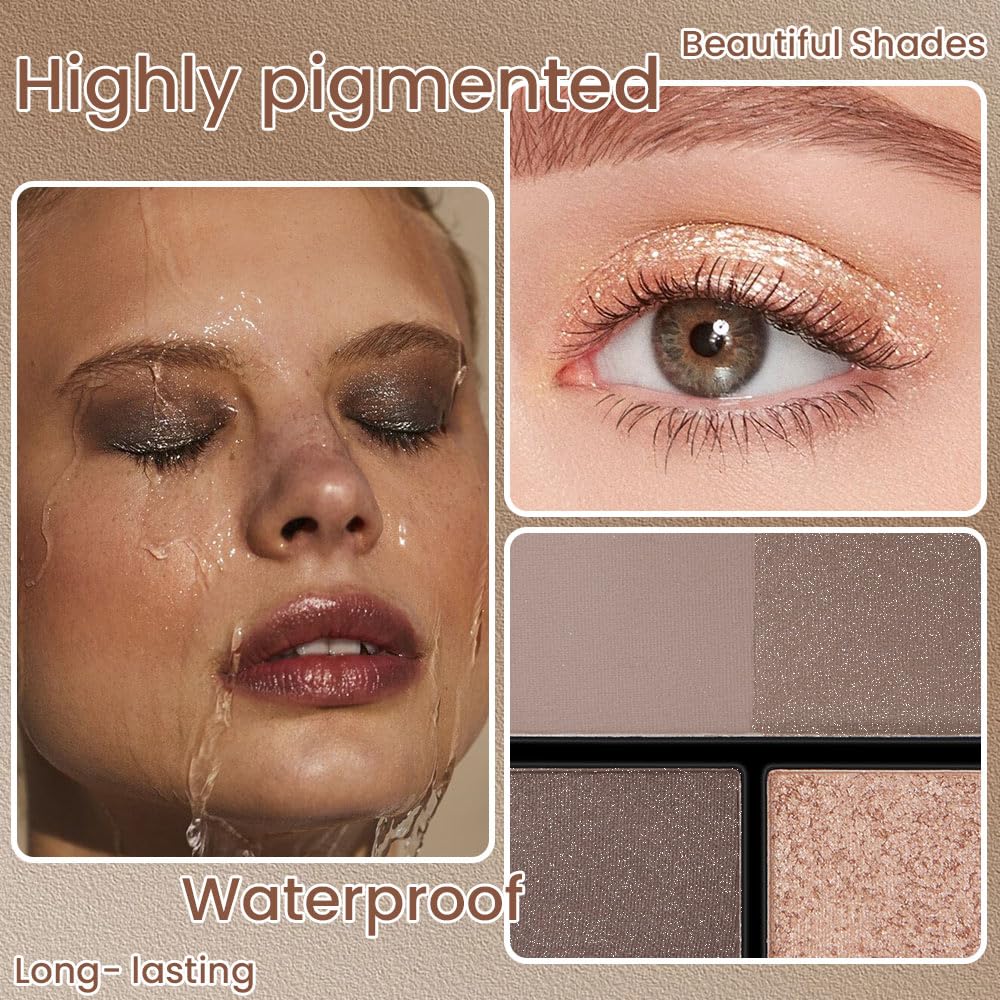 4 Colors Matte Shimmer Eyeshadow Palette for Eye Makeup, Rose Gold Dark Brown Gray Eyeshadow Quads Velvety Pigmented Blendable Matte, Talc-Free