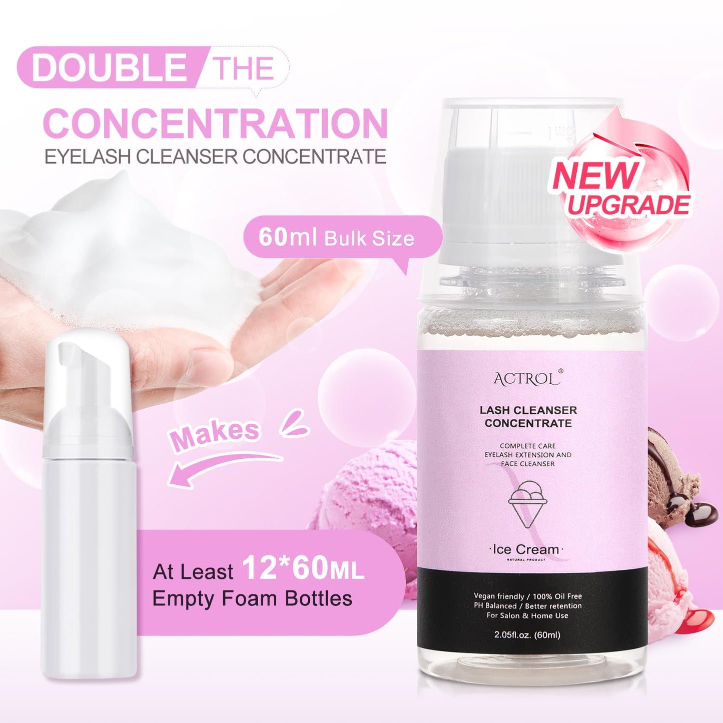 Eyelash Cleanser Concentrate 60ml Ice Cream Professional Lash Shampoo Foaming Cleanser DIY Paraben & Sulfate Free Non-lrritating Wash for Extensions Lashes with Salon Home Care-Makes 6 Bottles