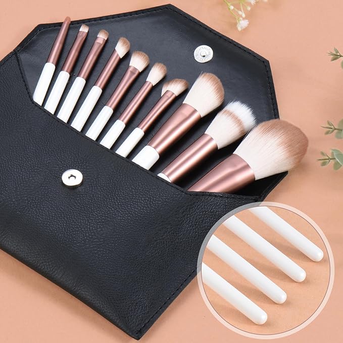 Makeup Brushes Set With Case 10Pcs White Makeup Brush Kit Foundation Eyeshadow Powder Blending Kabuki Eyebrow Eyelash Brushes Cosmetic Brush Travel Kit Gift (White+Brown)