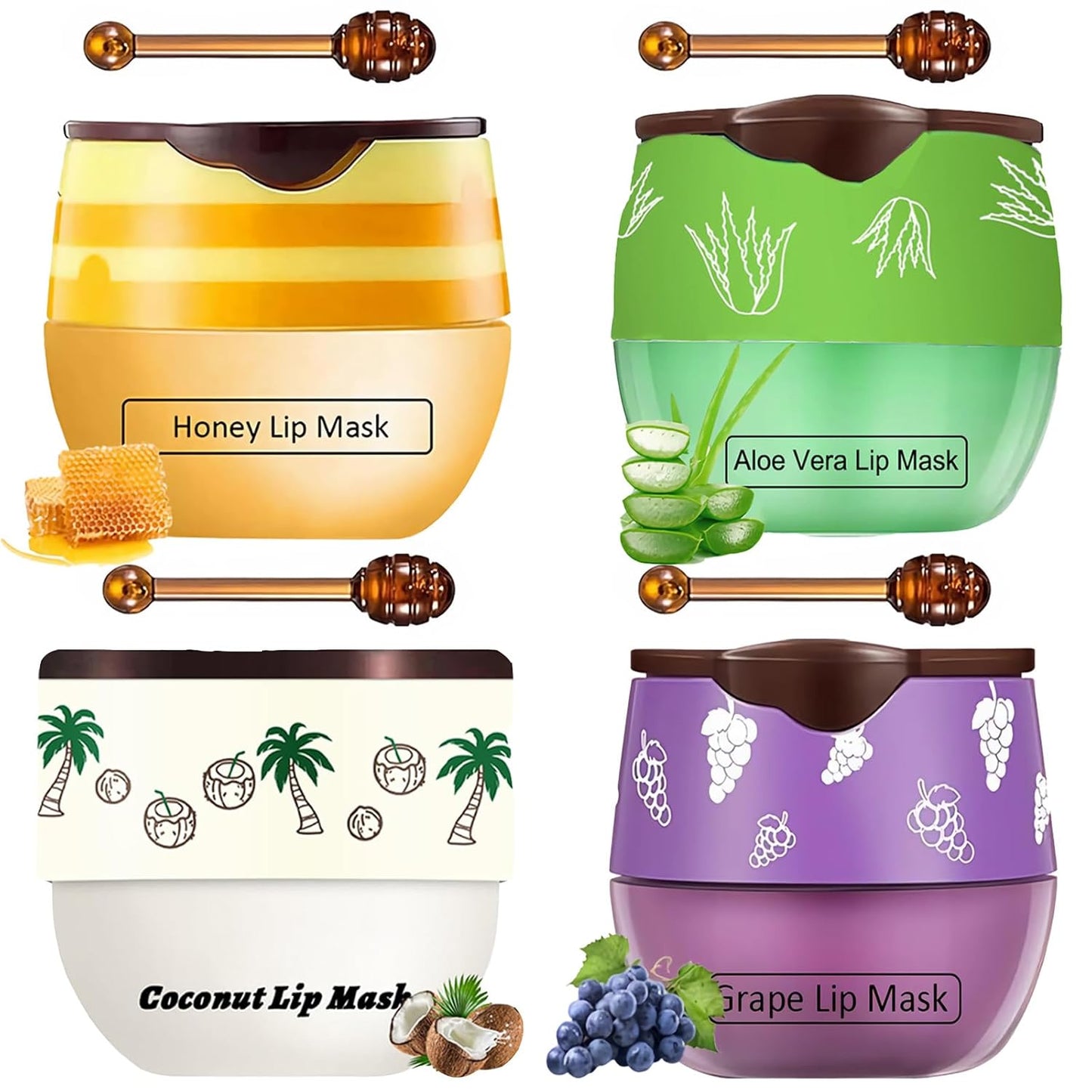 4 PCS Bee Lip Balm Honey Pot, Honey Coconut Aloe Vera Grape Sleeping Lip Mask Overnight with Sticks, Exfoliating Prevention Dry and Crack Lip Scrubs