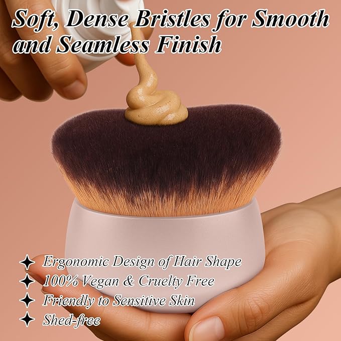 75MM Extra Large Self Tanner Kabuki Makeup Brush – Ultra Soft Dense Vegan Bristles for Body Makeup, Bronzer & Foundation–Applies Tanning Mousse, Lotion & Self Tanner–Khaki, Wet & Dry