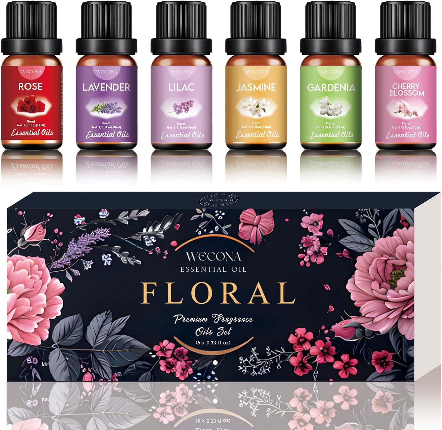 Floral Essential Oils Set for Diffusers & Candle Making - 6x10ml Natural Botanical Blends with Rose, Lavender, Lilac, Jasmine, Gardenia, Cherry Blossom Scents