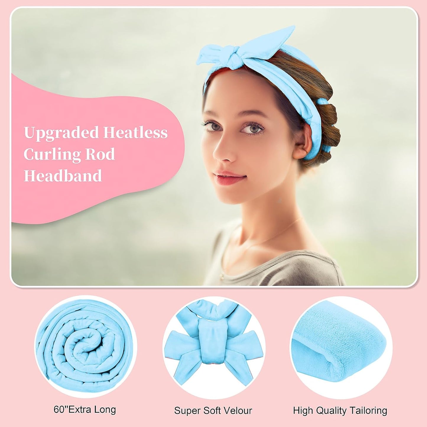 Heatless Curling Rod Headband, Upgraded 60" Extra Long Heatless Curls Headband Soft Hair Curlers to Sleep In Hair Rollers No Heat Curls (Blue)