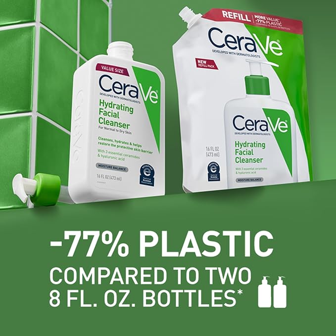 CeraVe Hydrating Facial Cleanser, Moisturizing Face Wash For Dry Skin, Hyaluronic Acid + Ceramides + Glycerin, Hydrating Cleanser For Normal To Dry Skin, 16 Ounce Refill