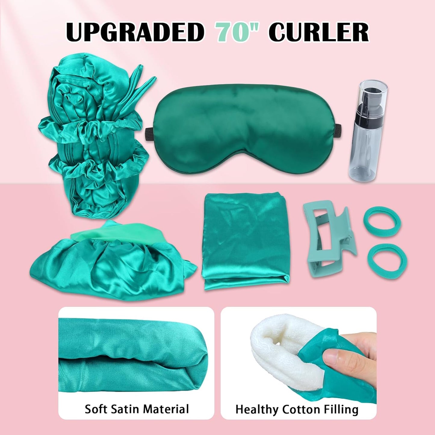 Satin Heatless Curls Overnight Hair Curlers to Sleep In Hair Curler Rollers No Heat Hair Wrap for Curls Headband, 70" Satin Heatless Curling Set for Women Long Waves Hair Volume -Green 10 PCS