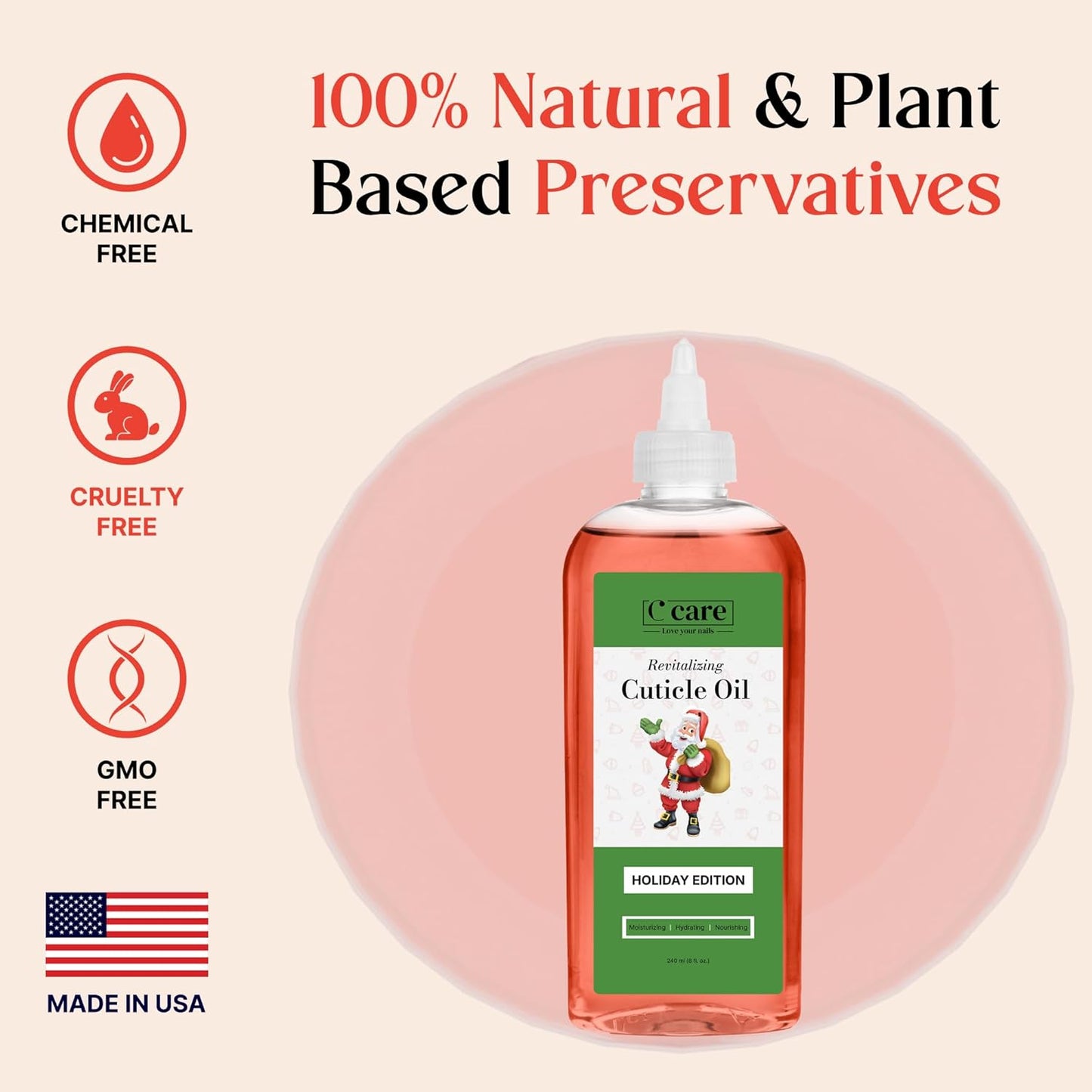 C CARE Holiday Edition Cuticle Oil For Nails - Repairs Cuticles Overnight - Moisturizes and Strengthens Nails and Cuticles - Dropper & Brush included - 8oz