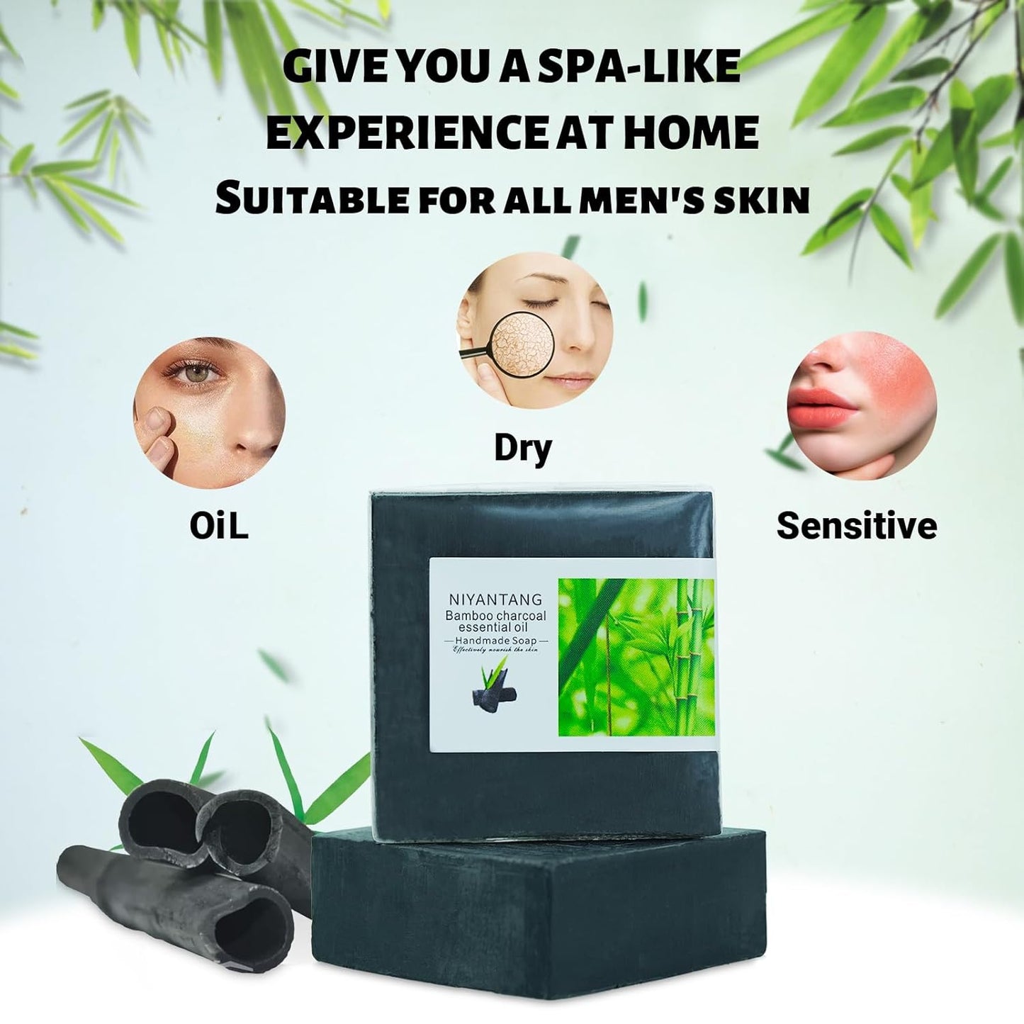 3 Pack Natural Activated Charcoal Soap Bar Black Soap for Face & Body Cleanse, Handmade Bamboo Charcoal Soap with Coconut Oil, Gentle Cleanser Soap for Men Women All Skin Types