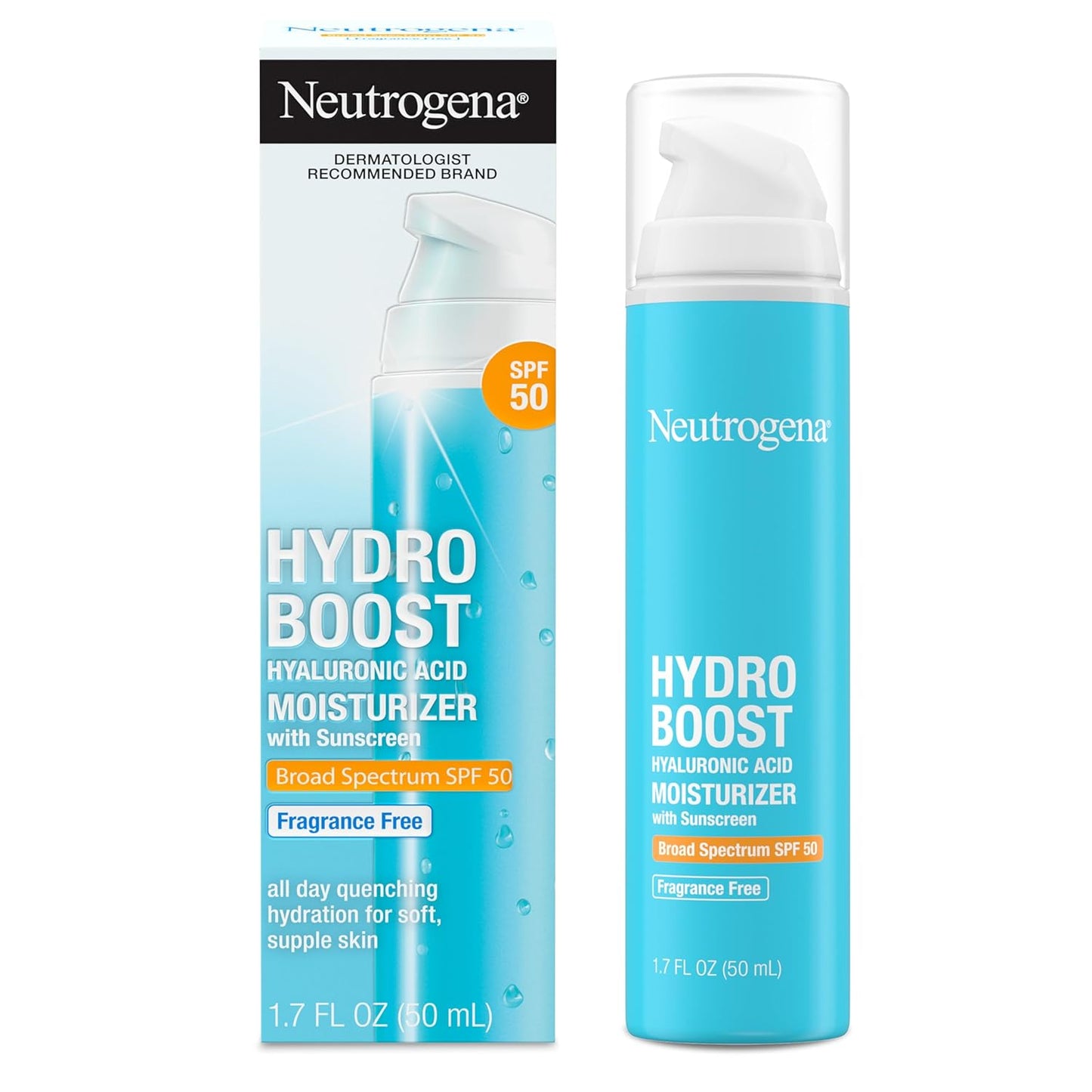 Neutrogena Hydro Boost Hyaluronic Acid Face Moisturizer with Sunscreen, Broad Spectrum SPF 50, Fragrance Free Facial Moisturizer to Hydrate & Soothe Dry Skin, 1.7 fl. oz