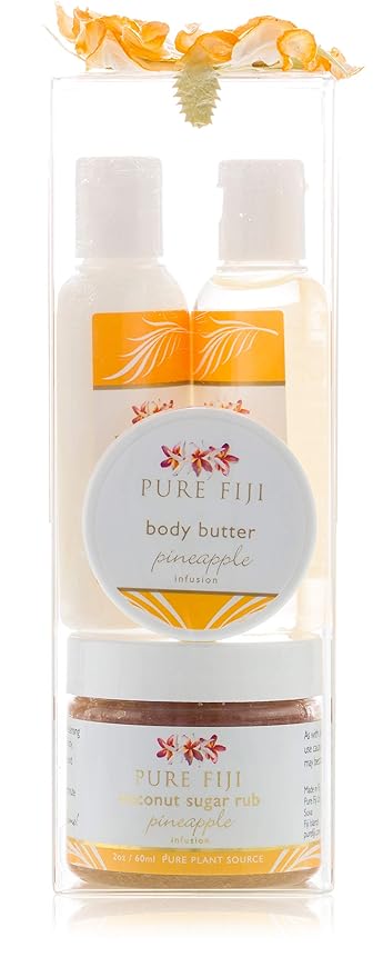 Pure Fiji Spa Gifts for Women and Man - Body Gift Box Include: Sugar Scrub, Bath and Body Oil, Body Butter and Body Lotion, Scent Pineapple