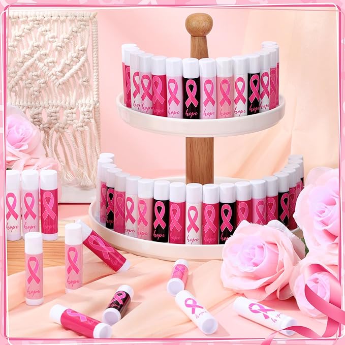 50 Pack Breast Cancer Awareness Favors Bulk Lip Balms Gifts Pink Ribbon Lip Balms Favors Breast Cancer Awareness Month Accessories Support Party Items Decorations for Women Men Survivors