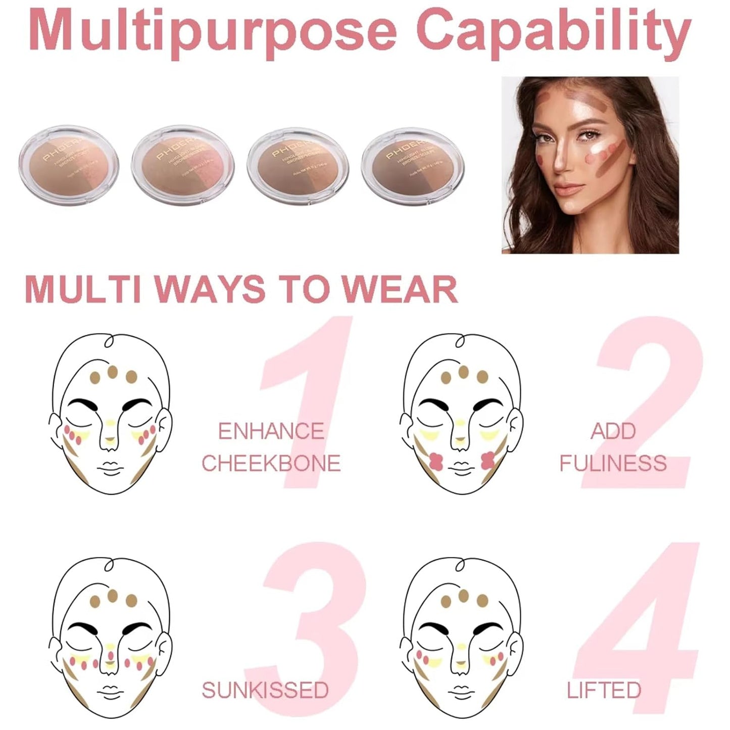 Baked Blush Highlight Bronze Powder 3-in-1 Contour Palette Sculpt Satin Silky Smooth Makeup Palettes Powder (002-Light)