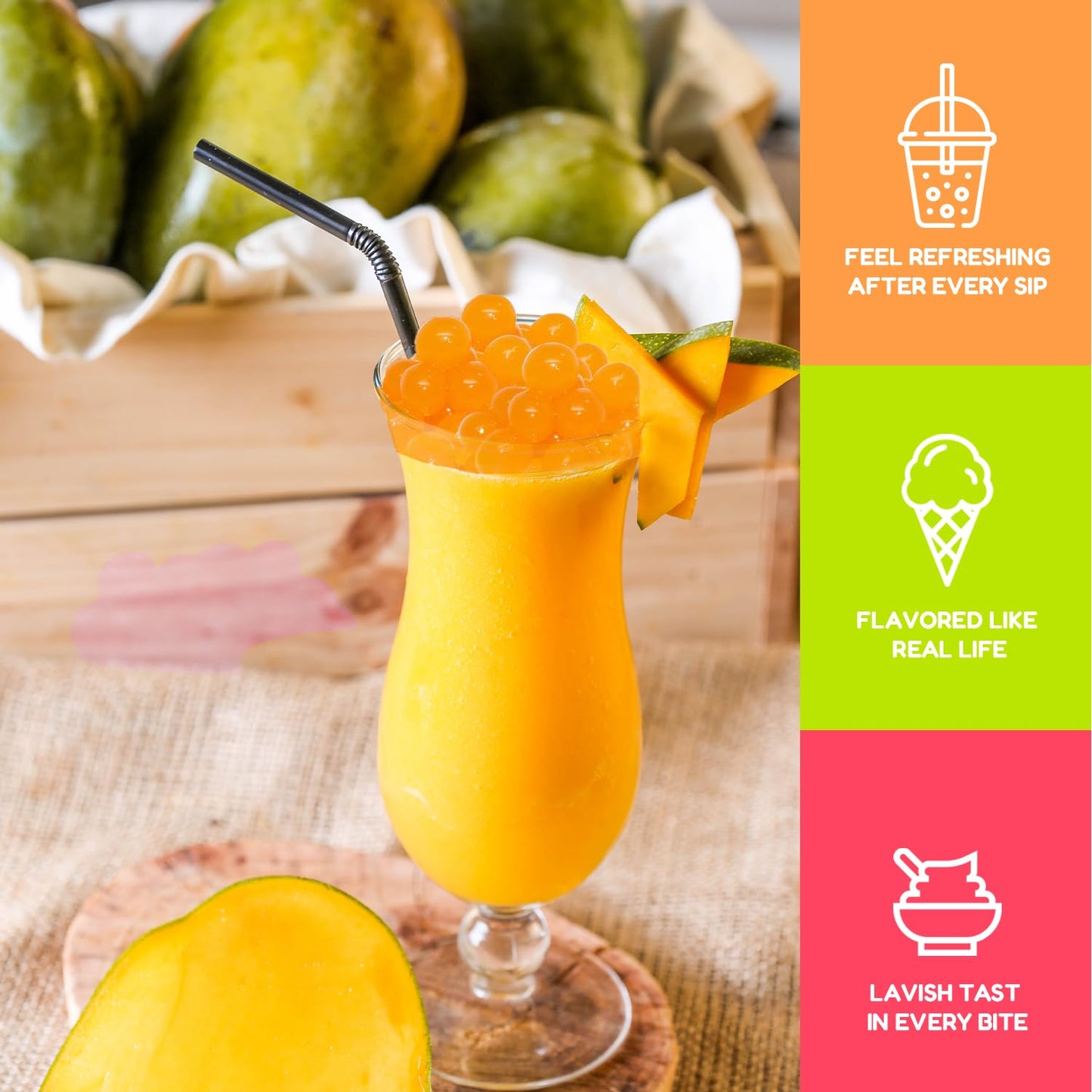 Fanale Mango Popping Boba Pearls, Vegan, Non GMO, Gluten Free, Fat Free, Perfect for Bubble Tea, Smoothies, Ice Cream, Desserts, and Beverages.