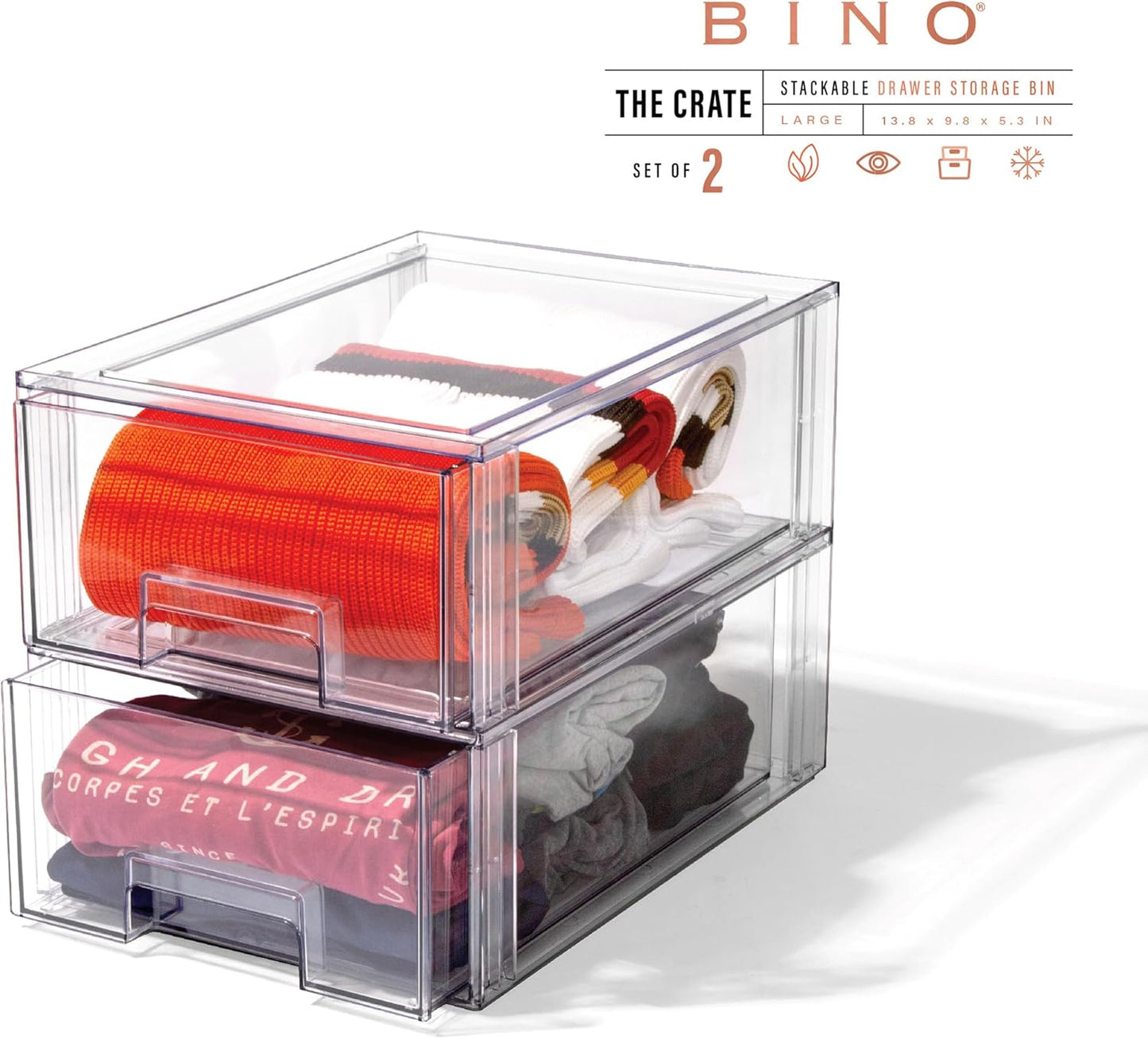 BINO | Stackable Storage Drawers, Large - 2 Pack, Clear | THE CRATE COLLECTION | Storage Bins With Drawers | Bathroom Organizers | Under Sink Organizer | Vanity Cabinet Home Organization