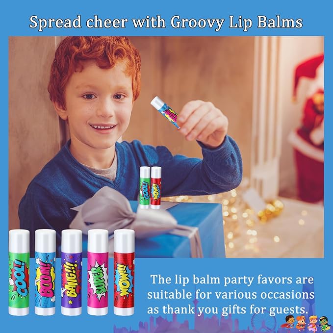 100 Pcs Hero Party Favors Lip Balms Bulk for Kids Birthday Party Moisturizing Lip Balm for Hero Themed Celebration Gifts Lip Care Products for Classroom Rewards Favor Party Supplies