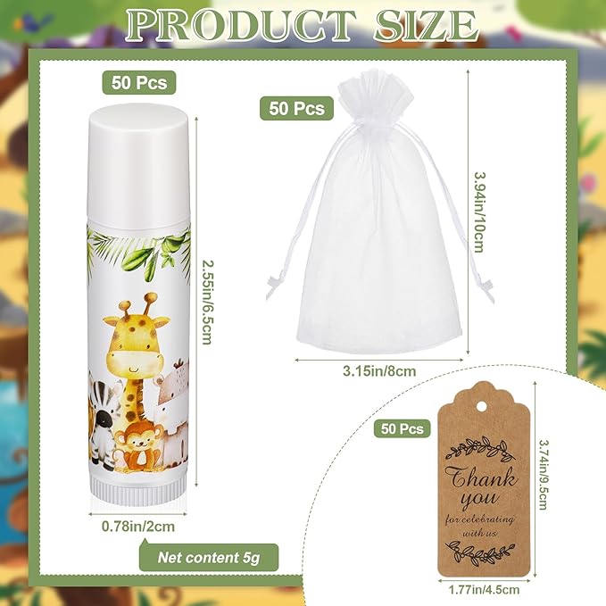 Fumete 50 Pack Jungle Animal Baby Shower Party Gifts Favors Bulk Lip Balms for Guests Boys Girls Neutral Gender Reveal Favors for Baby Shower Prizes Souvenirs Bags Stuffer Classroom Prizes