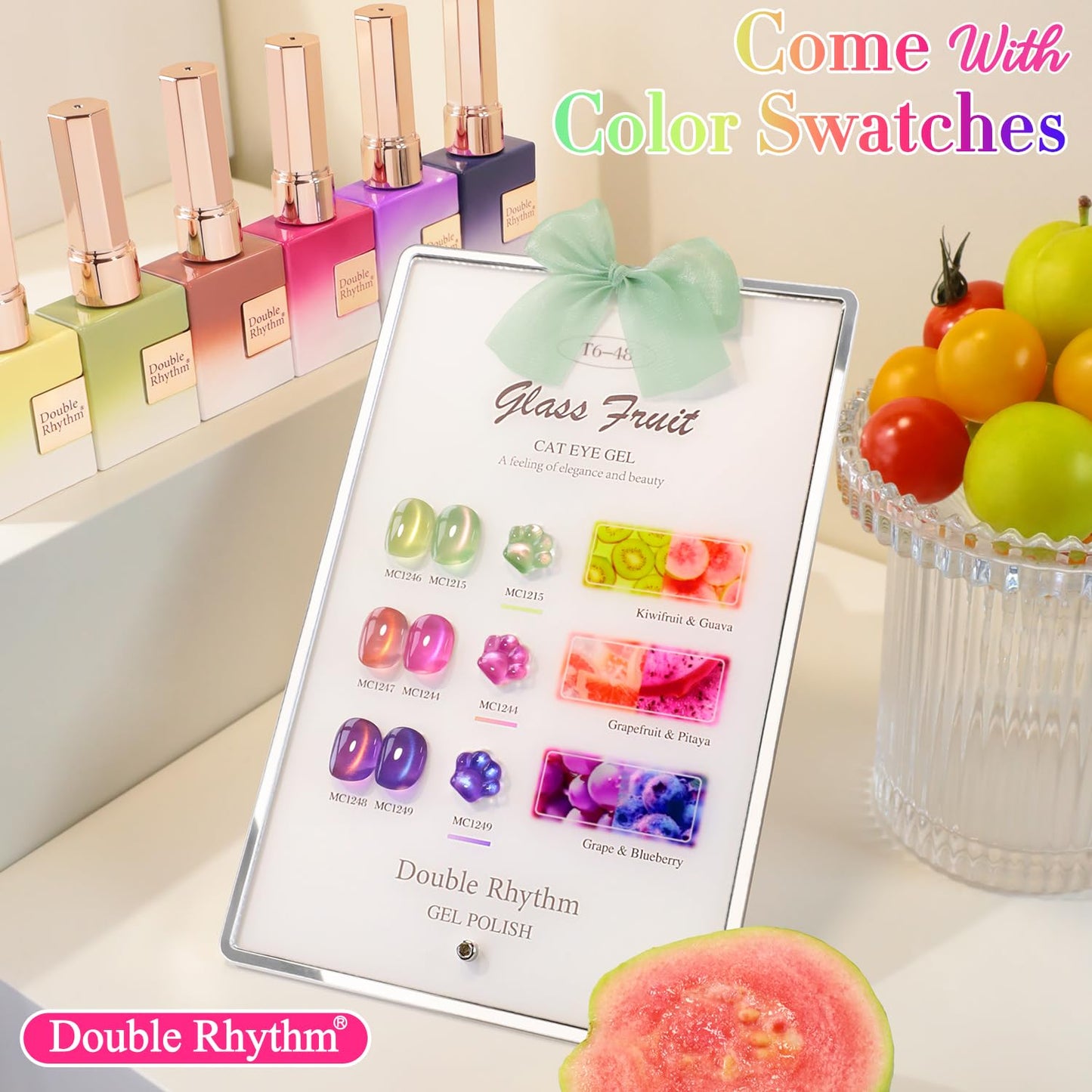 Double Rhythm Fruit Cat Eye Gel Nail Polish Set of 6 Same Color Same Bottle 0.5 Oz Shimmer Glitter with Magnet Holographic Reflective Magnetic UV Polish Kit at Home (Glass Rose Pink Green-T6-48)