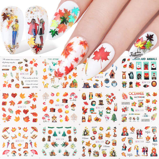 Fall Nail Stickers Autumn Maple Leaf Nail Art Decals Thanksgiving Day Water Decal Transfer Slider Set Turkey Pumpkin Nail Art Foil Stickers Nail Supplies Accessories Decoration Manicure Tips 12 Design