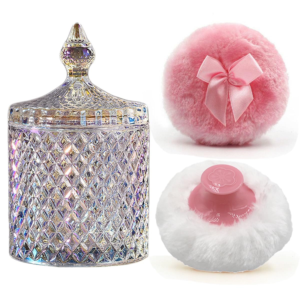 Luxury 4.2 Inch Glass Powder Container with 2 Plush Puffs｜Non-Sealed Organizer for Body Powder&Makeup｜Setting Powder Applicator w/Loose Powder Storage(Pointed Cylinder-Dazzling Colors-Large)
