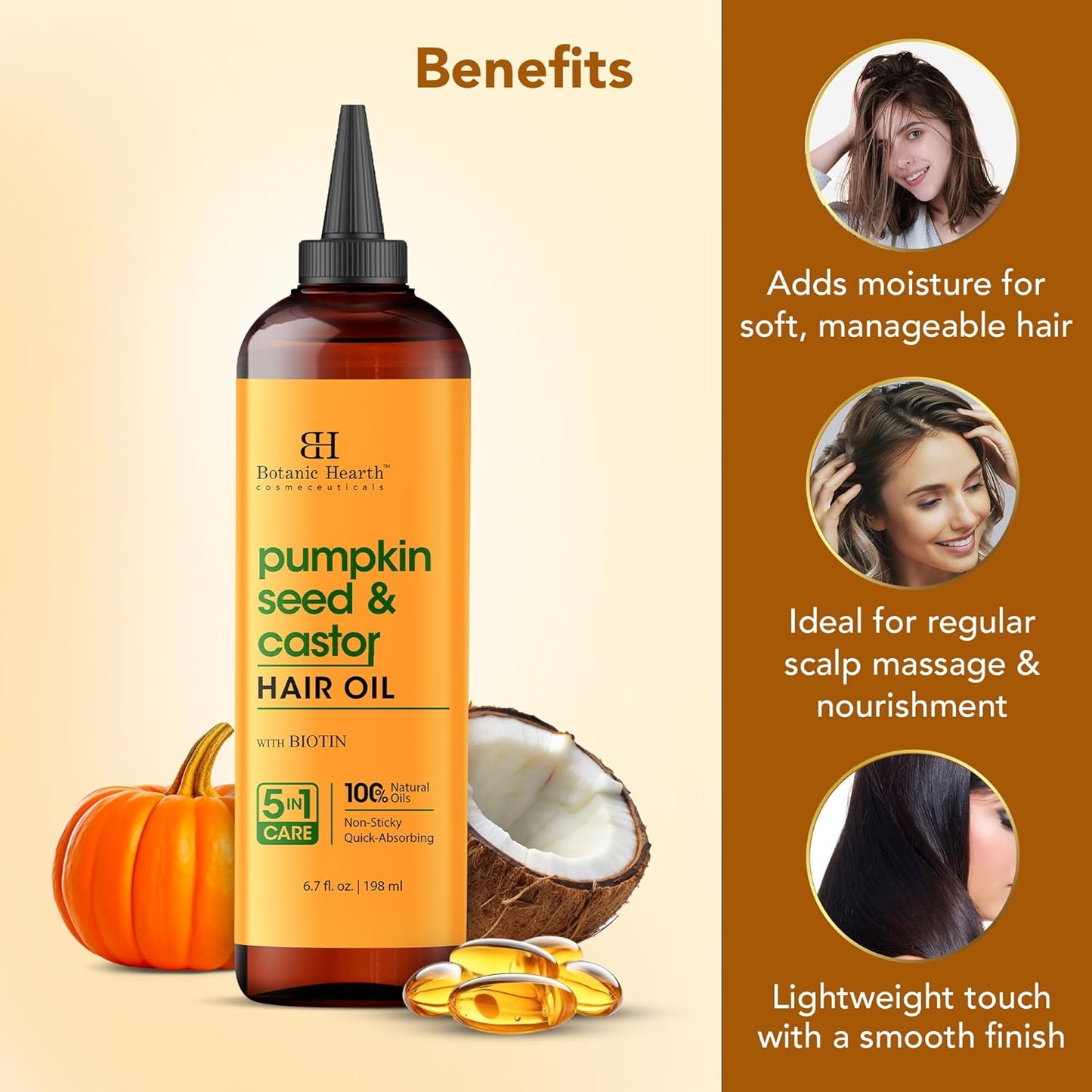 Botanic Hearth 100% Pure Pumpkin Seed Castor Oil For Hair Growth (6.7 fl oz)| Infused with Pumpkin, Castor, Biotin | Hair Oil Repairs Dry Damaged Hair, Strengthening, Healthier Hair- Hair Tonic
