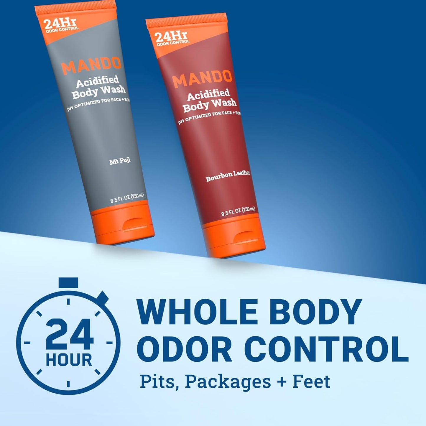 Mando Acidified Body Wash - 24 Hour Odor Control - Removes Odor Better than Soap - Formulated without SLS or Phthalates - Skin Safe - 8.5 Ounce (Pack of 2) - Bourbon Leather and Mt Fuji