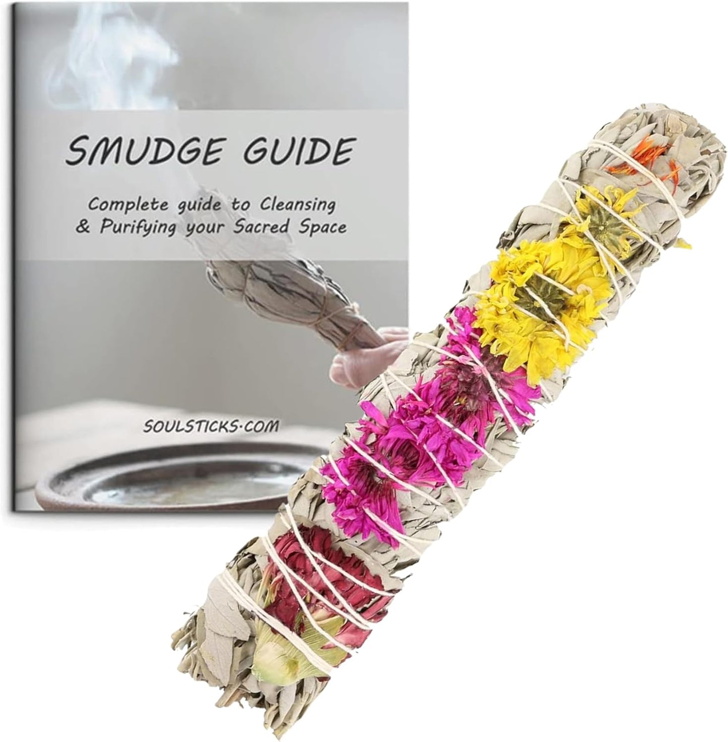 Ancient Veda Joy Organic White Sage Smudge Sticks with Flowers for Cleansing Home, Meditation, Yoga, Healing and Smudging | Sustainably Sourced California White Sage Bundles (1 Pack - 9 Inch)