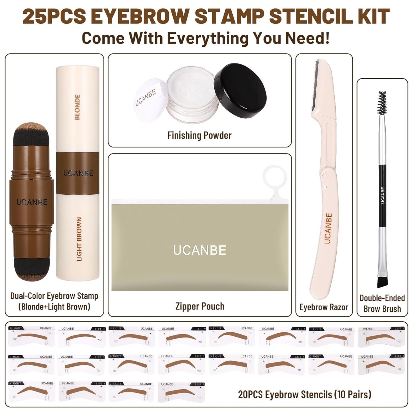 UCANBE 25PCS Eyebrow Stamp Stencil Kit With Dual-Color Eyebrow Stamp Pomade,20 Reusable Eyebrow Stencils,Finising Powder,Brush,Eyebrow Razor,Zipper Pouch,Waterproof Eye Brow Stamping and Shaping Kit01
