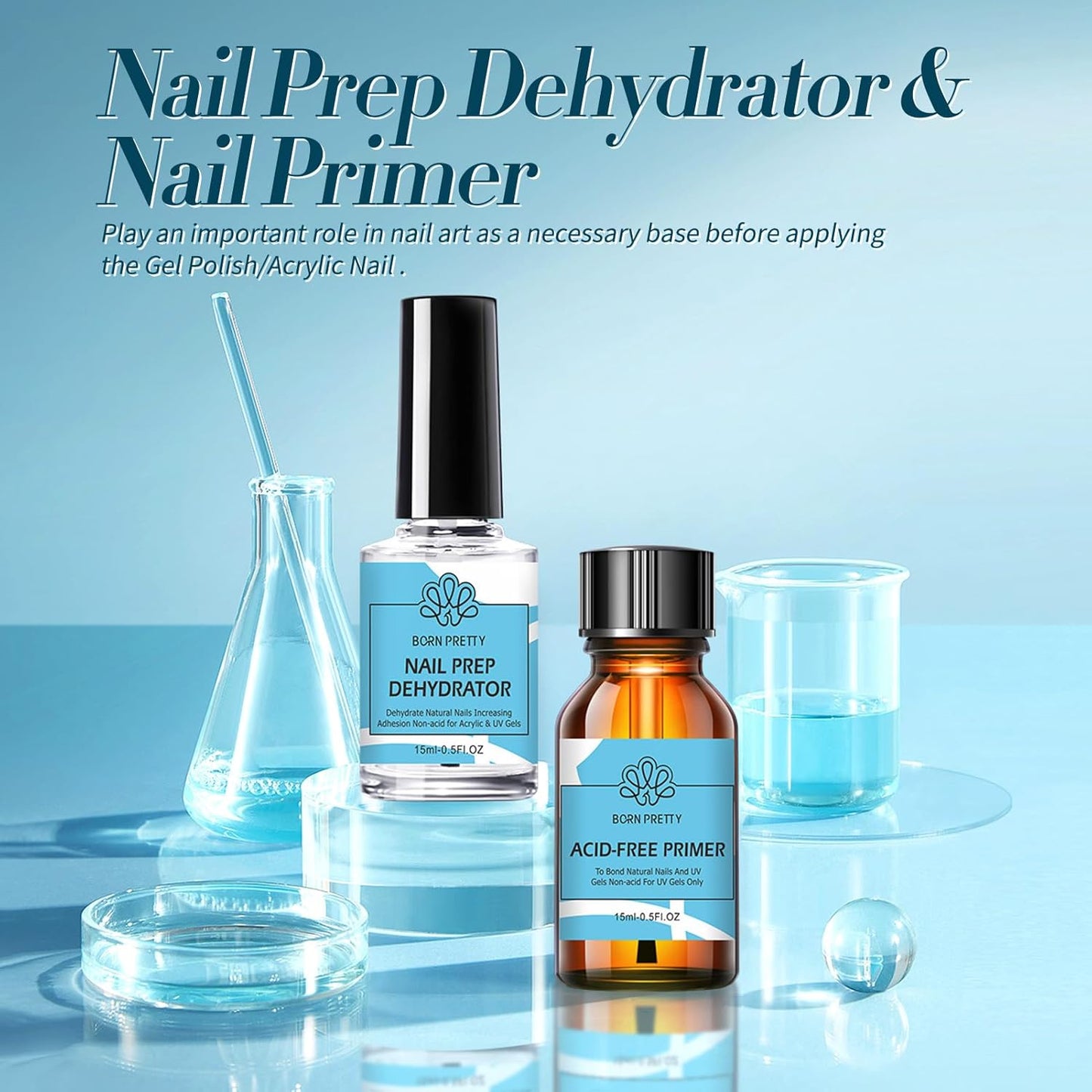 BORN PRETTY Natural Nail Prep Dehydrate and Bond Primer Acid-Free,15ml Dehydrator for Acrylic and Gel Nail Polish, Non Acid Primer for UV Gels Fast Dry Superior Bonding Agent Gift Box Set