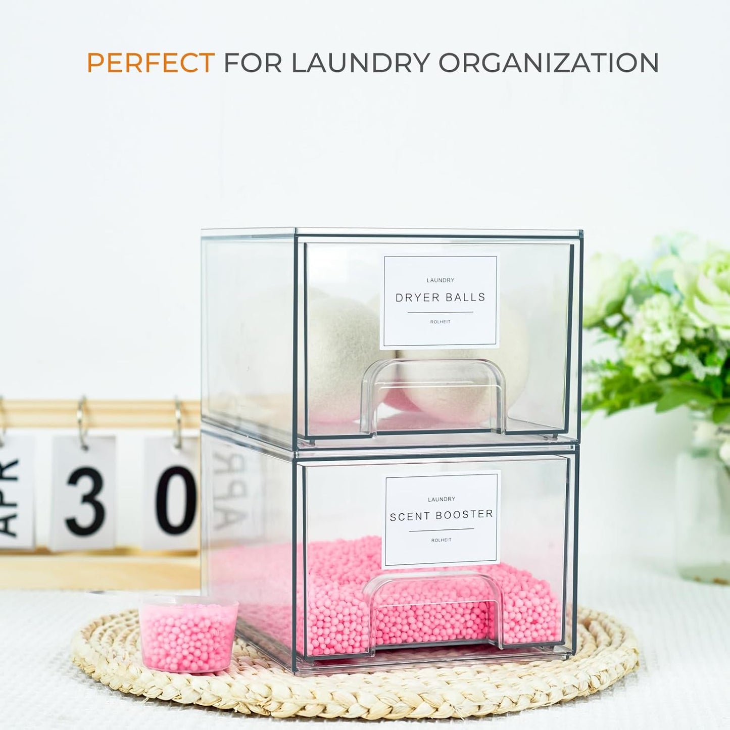 4 Pack Laundry Room Organization Storage Drawers with Labels, Clear Stackable Dryer Sheet Holder and Pod Containers, Detergent Dispenser for Laundry Room Organizing and Decor