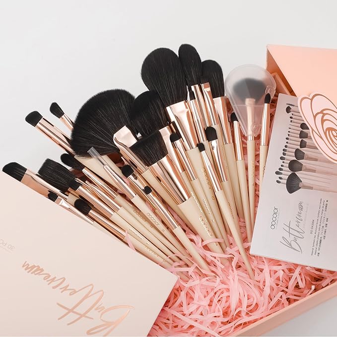 Docolor Makeup Brushes Set Professional 30Pcs Makeup Brushes Premium Synthetic Powder Kabuki Foundation Contour Blush Concealer Eye Shadow Blending Eyeliner Crease Eyebrow Make Up Brush Kit - Beige