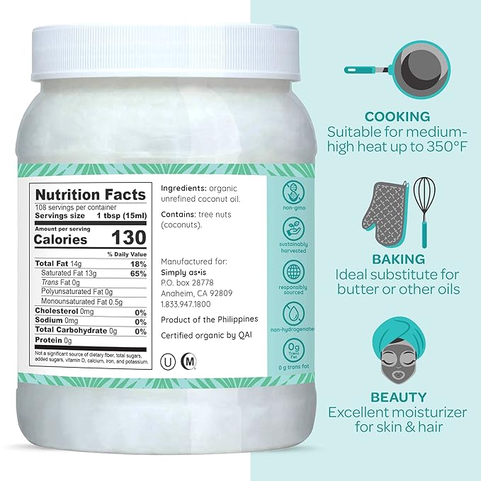 Simply as-is | Cold-Pressed & ﻿Organic Virgin | Unrefined | Coconut Flavor for Cooking & Baking | Deep Moisturizer for Beauty | 2-Pack (54 fl oz each)