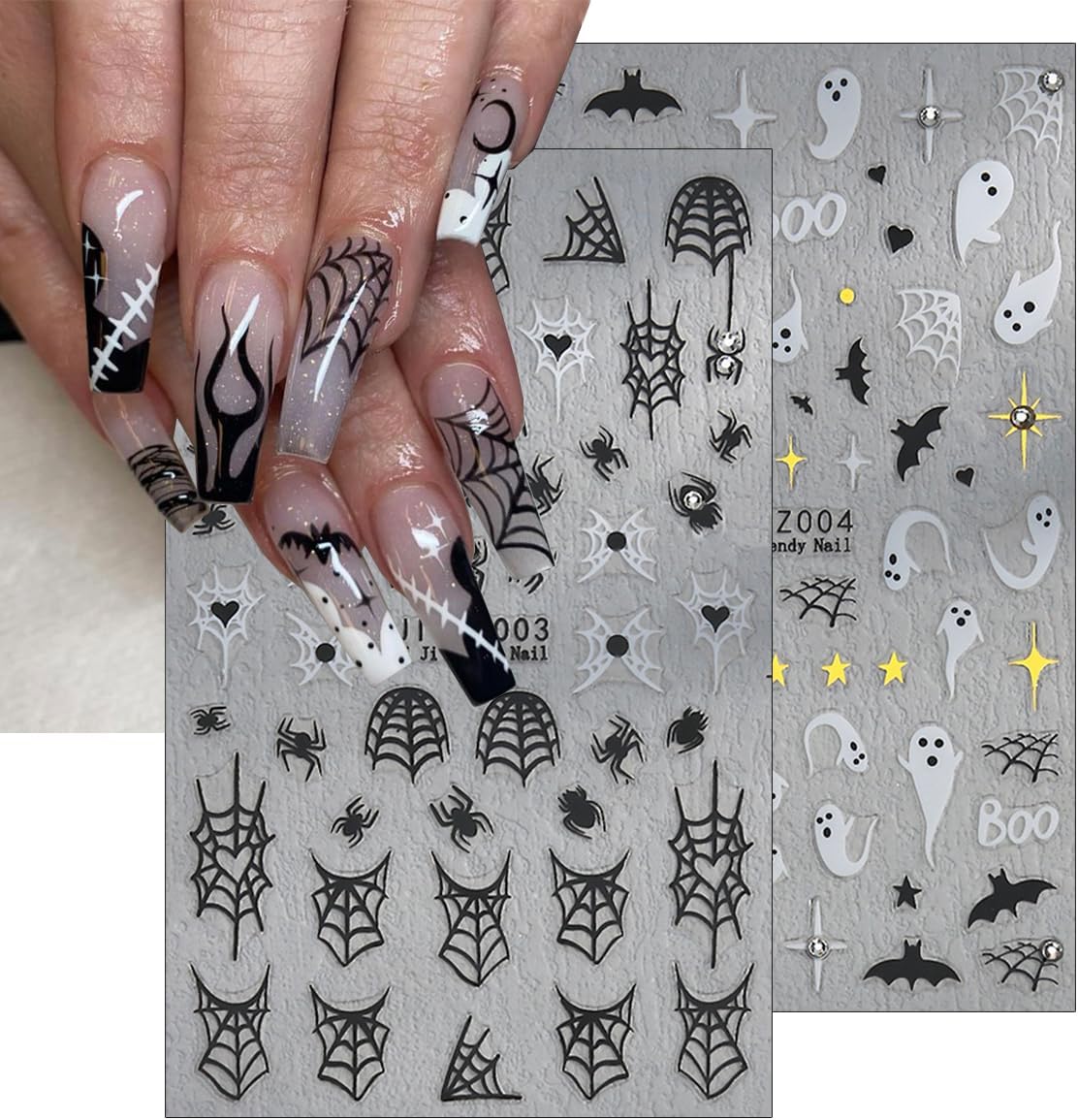 6Sheets Halloween Nail Stickers for Nail Art,3D Self-Adhesive Cute Ghost Spider Web Nail Decals with Rhinestones Design,Pink Pumpkin Spiders Skull Nail Art Stickers for Women Girls DIY Nail Decoration