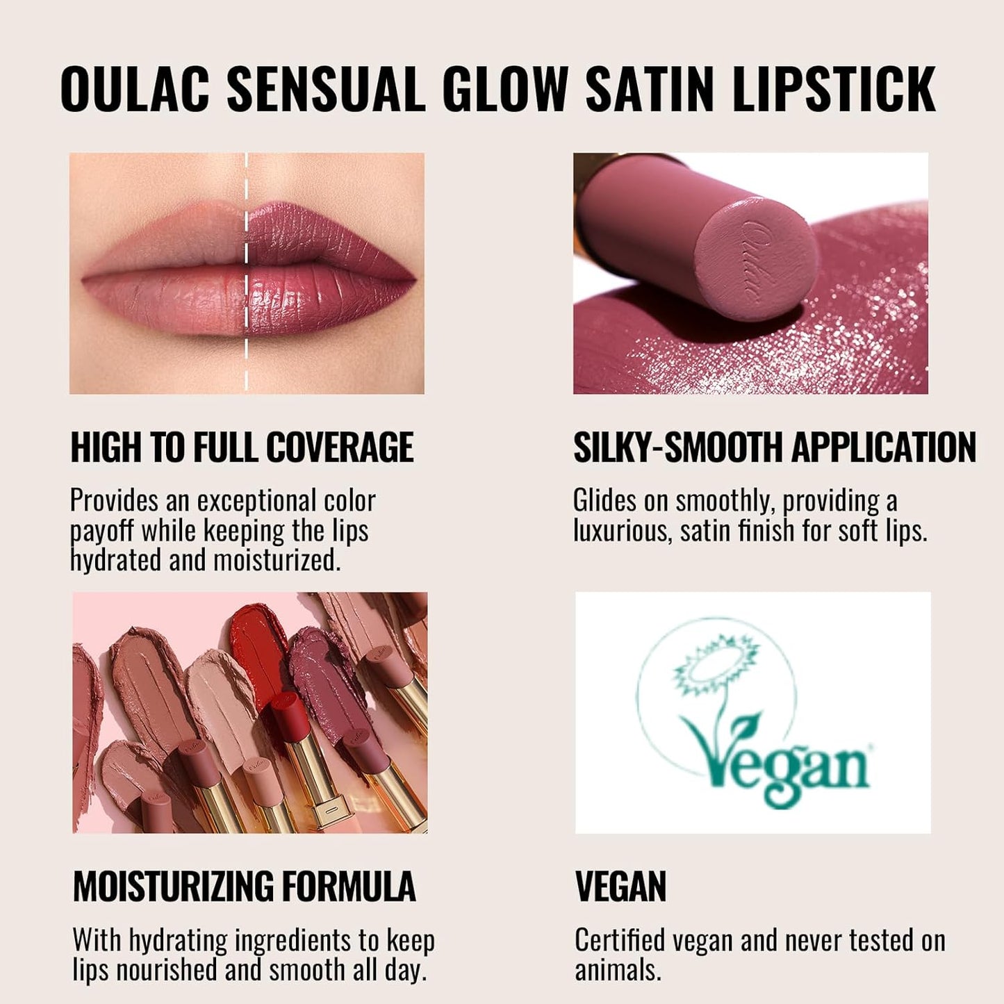 Oulac Color Rich Satin Lipstick - Red Brown Full Coverage Lip Color, Creamy Silky-Smooth, Moisturizing, Satin Matte Finish, Infused With Shea Butter, Vegan & Clean Beauty, 4g, SG14 Blair