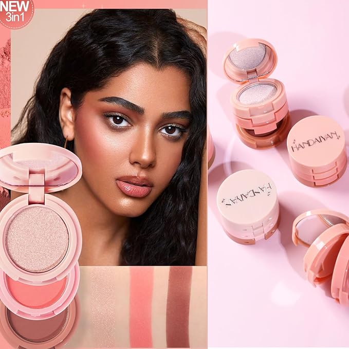 3-in-1 Blendable Trio, Contour and Highlight Blush Makeup Palette, Cream Bronzer, Silky Smooth Powder Blush, Shimmer Highlighter Makeup Powder, Pink Brown Eyeshadow Palette with Mirror(03)