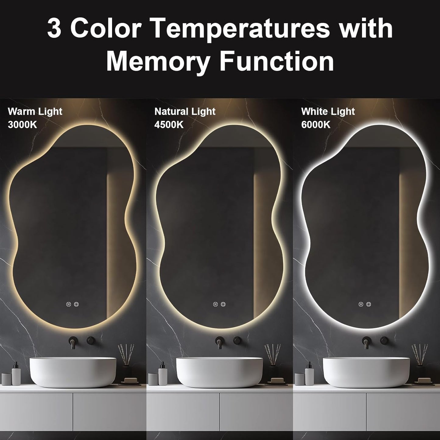 48"x30" Irregular LED Lighted Vanity Mirror for Bathroom, Front and Backlit, Anti-Fog, 3-Color Dimmable Lighting, Wall Mount [Horizontal/Vertical]