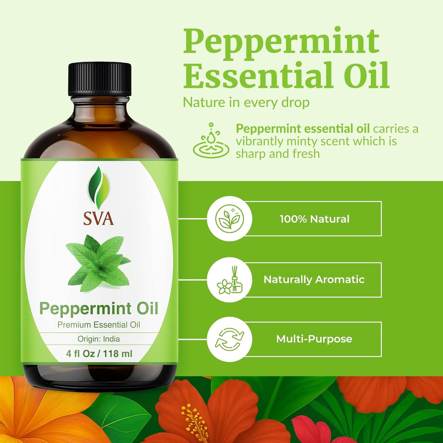SVA Peppermint Essential Oil – 4 Fl Oz – 100% Natural Peppermint Oil - for Diffuser, Hair Care, Face, Skin Care, Aromatherapy, Scalp and Body Massage, Soap and Candle Making - with Dropper