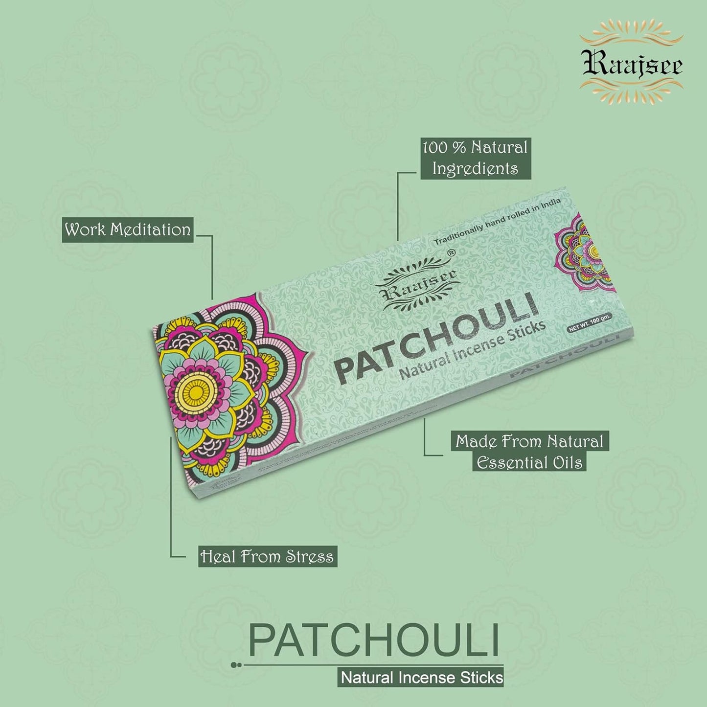 Raajsee Patchouli Incense Sticks 100 gm Pack-100% Pure Organic Natural Hand Rolled Free from Chemicals-Perfect for Church,Aromatherapy,Relaxation,Meditation,Positivity & Sensual Therapy